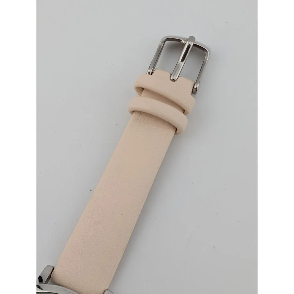 Women's Minimalist Quartz Watch 34mm Case White Faux Leather Band-‎ New Battery